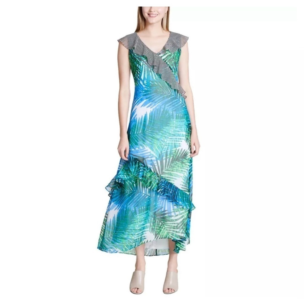 Calvin Klein Blue and Green Palm-Print Ruffle Maxi Dress
